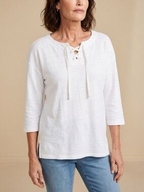 T by Talbots - White Lace-Up Cotton Top - Lightweigh - Casual - Size Large